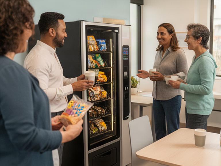Colleghi in una zona pausa ordinata mentre scelgono caffè e snack dal distributore