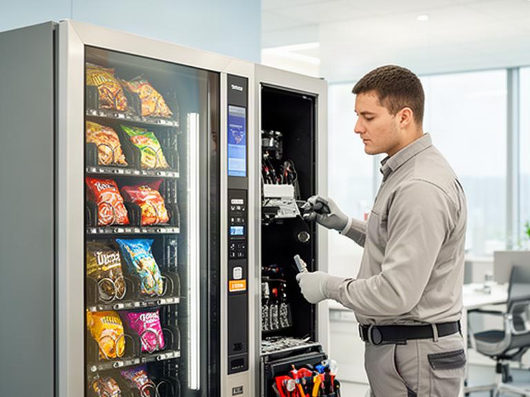 Tecnico al lavoro su un distributore automatico in un ufficio luminoso